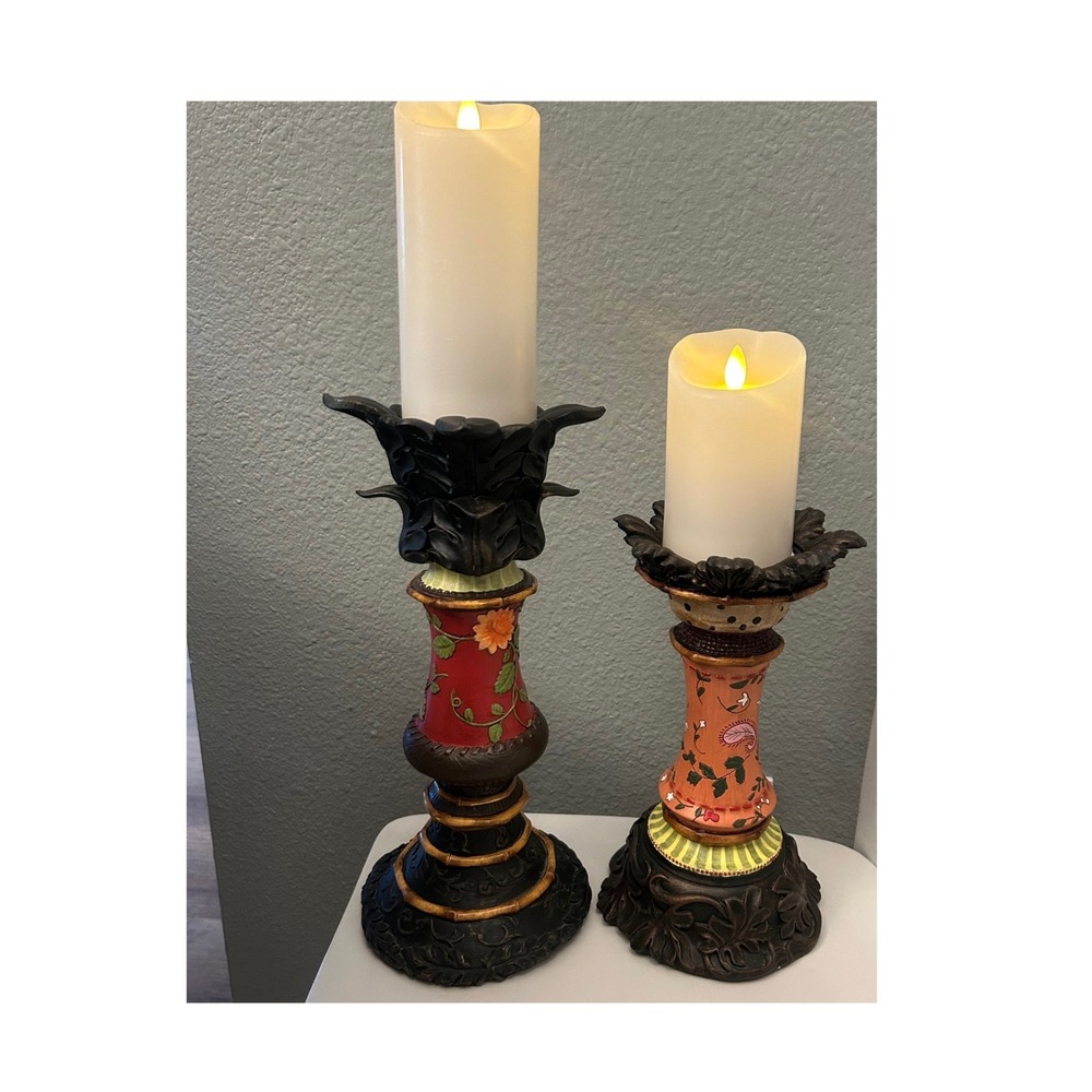 Vintage Boho Floral Pillar Candle Holders Set of 2 Hand Painted Eclectic Decor